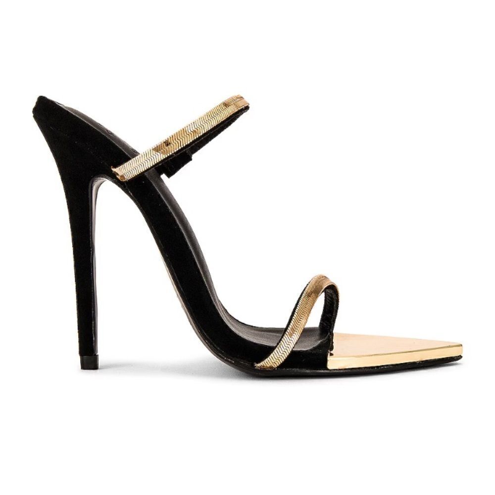 Michael Costello x REVOLVE Gwenn Sandal in Black gold high heels shoes suede 6